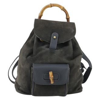 Gucci Vintage Bamboo Backpack Suede Navy Suede Backpack Bag (Pre-Owned)