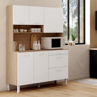 IDMarket Aparador De Cocina Cina 140 Cm Con 5 Puertas + 3 Cajones, Acabado Haya Y Blanco