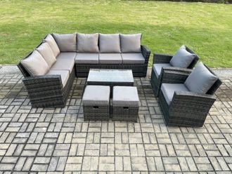 Fimous 10 Seater High Back Outdoor Garden Furniture Set Rattan Corner Sofa Set With Rectangular Coffee Table in Dark Grey