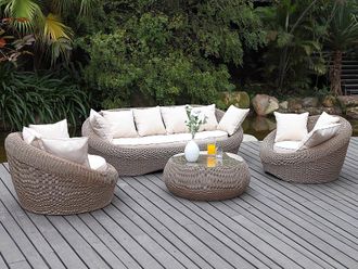 Vente-Unique Mesa de centro de jard&iacute;n de resina trenzada gris - WHITEHEAVEN