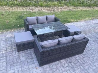 Fimous 8 Seater Outdoor Lounge Sofa Garden Furniture Set Patio Rattan Rectangular Dining Table in Dark Grey