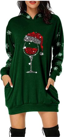 Generic Christmas Dress WomenS Jumper Dress, Christmas Jumper WomenS Long, Hoodie Sweat Wine Glass Print Long Sleeve Sweatshirt With Pockets