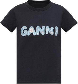 Ganni T-shirt met Geborduurd Logo - Dames - T-shirts - Zwart - XS - Katoen - Tops