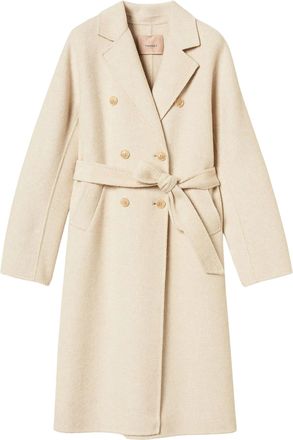 Twin-Set Brushed Ivory Long Coat with Double-Breasted Fastening