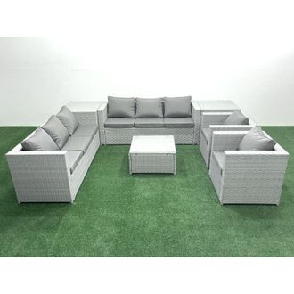 Fimous Outdoor Rattan Sofa Garden Furniture Set with 2 Armchairs Square Coffee Table 2 Side Tables Light Grey Mixed - Fimous
