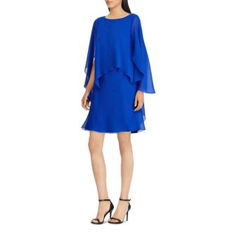 Ralph Lauren Cape Overlay Chiffon Dress In Blue