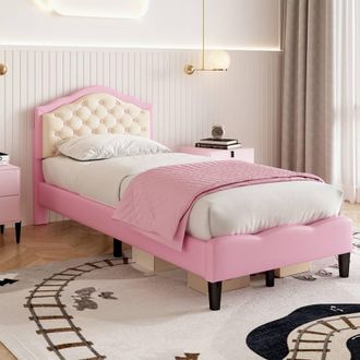 Matteo Single Upholstered Bed Frame - Adjustable Button-Tufted Pink & Beige
