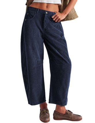 Generic Womens Corduroy Pants Barrel Mid-Rise Elastic Waist Cord Pants, Casual Baggy Comfy Wide Leg Corduroy Pants with Pockets (Navy Blue,M)