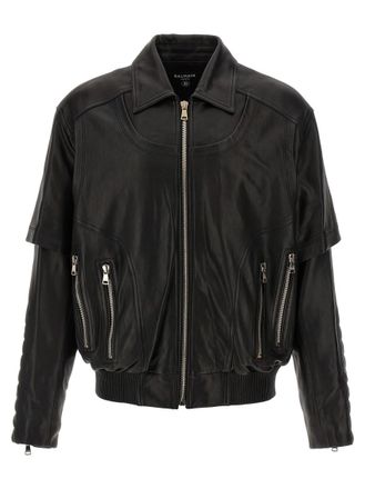 890美品  BALMAIN  レザージャケット L 赤紫 Balmain logo-appliqué Leather Jacket | Red | FARFETCH