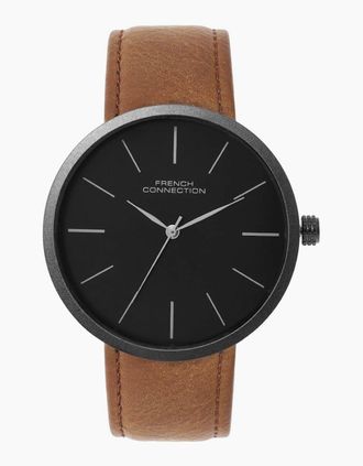 French Connection Mens Connection Black Case Round Shape Brown Strap Quartz Watch - Size: ONE size