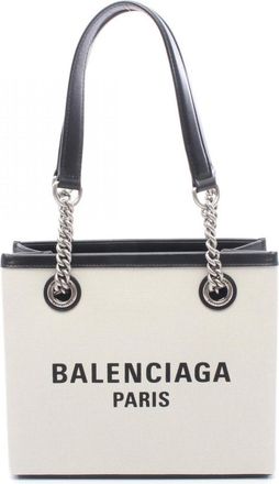 Balenciaga Black Ivory Canvas Leather Handbag Tote Bag (Pre-Owned)