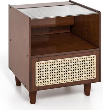 Costway Costway - Mesitas de Noche de Ratán, 2 Estantes y 1 Cajón, Mesa Auxiliar Boho con Cajón y Patas de Madera Maciza, Mesitas de Noche Dormitorio, 43 x