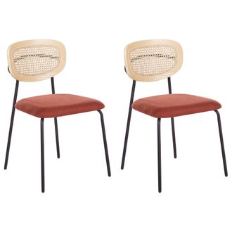 Beliani Conjunto De 2 Sillas De Comedor Modernas Trenza Vienesa Respaldo De Rat&aacute;n Asiento De Poli&eacute;ster Sin Reposabrazos Patas Negras Naranja Mayetta