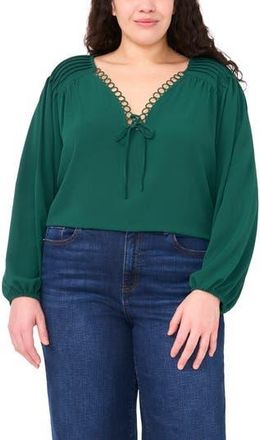CeCe by Cynthia Steffe Circle Lace Long Sleeve Pintuck Top in Alpine Green at Nordstrom Rack, Size 1 X