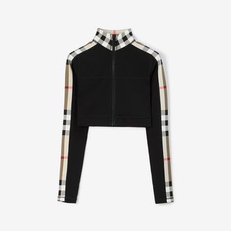 Burberry Cropped Check Trim Stretch Jersey Zip Top, Size: XXS