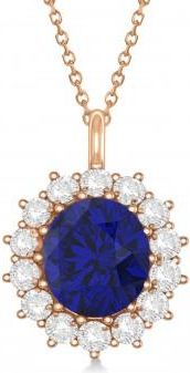 Allurez Oval Lab Blue Sapphire & Diamond Pendant Necklace 14k Rose Gold 5.40ctw