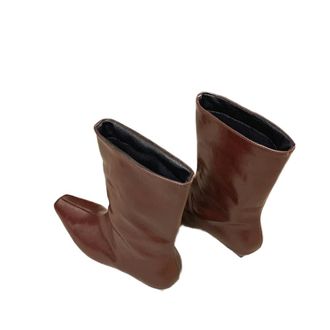 Generic GLDFW Square Toe Women Slimming Knight Boots Elegant Wedges Low Heel Short Booties Wine Red