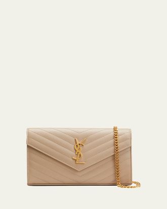 Saint Laurent YSL Monogram Large Wallet on Chain in Grained Leather