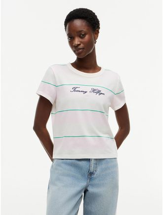 Tommy Hilfiger Womens Embroidered Script Logo Striped T-Shirt - Pink - XXL