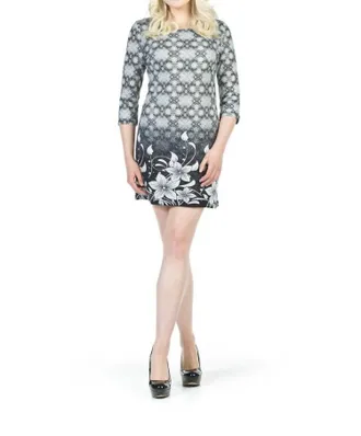 Papillon Lattice And Floral Border Print Sweater Dress In Black/white