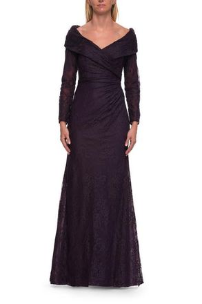 La Femme Lace Long Sleeve V-Neck Evening Gown in Eggplant at Nordstrom, Size 16