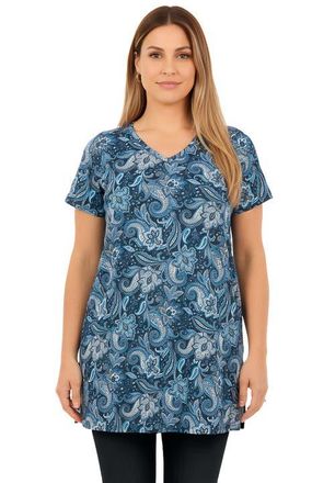 Roaman's Plus Size Ultimate Cotton V-Neck Short Sleeve Tunic in Navy Paisley Floral Print at Nordstrom, Size Large