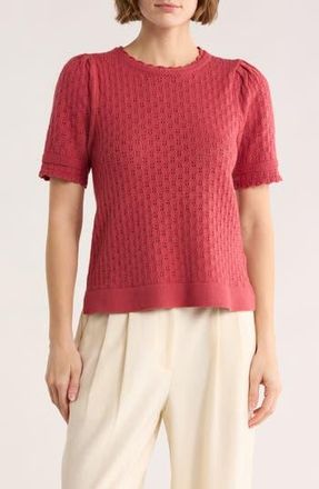 Adrianna Papell Pointelle Stitch Short Sleeve Sweater in Rose at Nordstrom Rack, Size X-Large