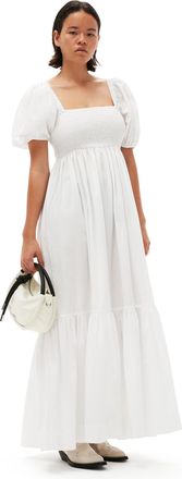 Ganni Short Sleeve Cotton Poplin Smock Maxi Dress in Bright White Size 12 Womens