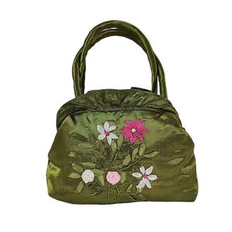 Generic Ethnic Style Tote Bag, Small Purse Wallet, Embroidery Flower Satin Silk Handbag, Zipper Flower Wrist Bag for Women Phone Cosmetic(dark green)