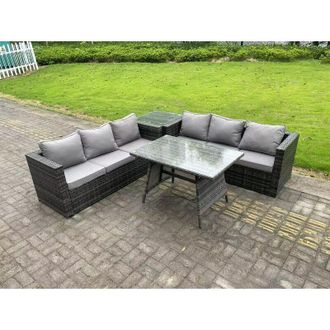 Fimous 6 Seater Wicker pe Rattan Garden Dining Set Outdoor Furniture Sofa with Side Table Dining Table Dark Grey Mixed - Fimous