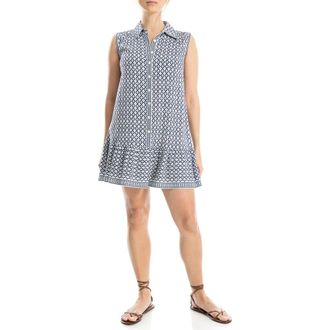 Max Studio Sleeveless Button Front Short Dress in Indigo/Cream Chainmail Geo at Nordstrom Rack, Size X-Large
