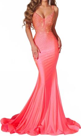 Portia & Scarlett Lovely Plunging V-Neckline Mermaid Dress In Peach