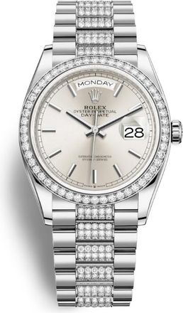 Rolex Day-Date 36 Silver Dial 18kt White Gold Diamond Set President Watch 128349SSDP