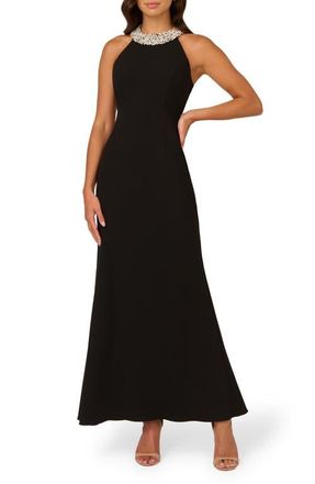 Adrianna Papell Imitation Pearl Embellished Neck Mermaid Gown in Black at Nordstrom, Size 16