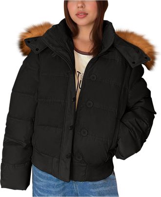 Generic Cropped Quilted Jacket for Women Long Sleeve Down Coats with Faux Fur Hood Warm Winter Jackets Zip Up Overcoat with Pockets Solid Color Hooded Puffer 