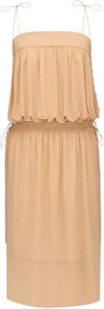 Saint Laurent Kleedjes, Dames, Beige, S, Balloon Midi Jurk in Zijde Cr&ecirc;pe de Chine