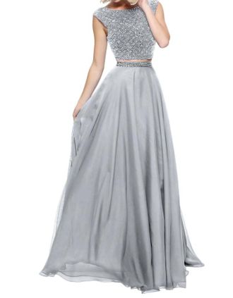 Sherri Hill Two-Piece Chiffon Cap Prom Dress In Silver