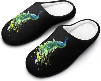 Generic Peacock Watercolor Mens Slippers Slip On Comfortable Fleece Cotton House Shoes Winter