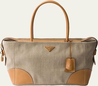 Prada Large Linen & Leather Tote Bag