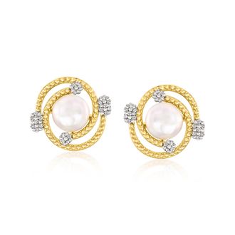 Ross-Simons 7-7.5mm Cultured Pearl and. Diamond Swirl Earrings in 18kt Gold Over Sterling