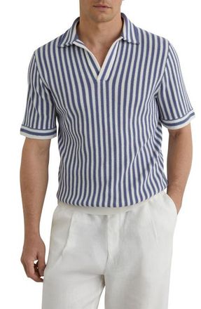 Reiss Alba Stripe Johnny Collar Polo in Blue/Off White at Nordstrom, Size Xx-Large