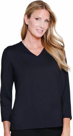 Multiples 3/4 Sleeve V-Neck Top In Black