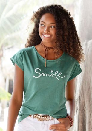 Beach Time T-Shirt BEACHTIME mit Frontdruck Smile, Damen, Gr. 32/34, gr&uuml;n (mint), Obermaterial: 100% Baumwolle, bedruckt, bequem normal, Rundhals, mit Aufschlag,