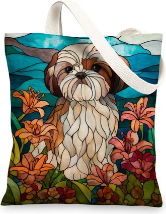 Generic Artistic Shih Tzu Dog Canvas Tote Bag, Vibrant Reusable Grocery Bags, Lightweight Shoulder Strap Bags, Multicolor, 13x15 Inch