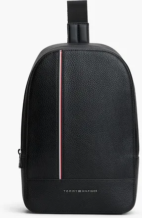 Tommy Hilfiger Mens Signature Stripe Pebbled Sling Bag - Black