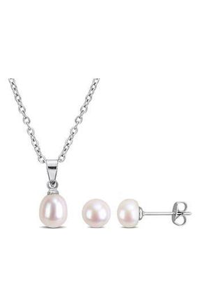 Delmar 6-7.5mm Cultured Freshwater Pearl Pendant Necklace & Earrings Set in Metallic Silver at Nordstrom Rack
