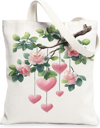 Generic Floral Heart Canvas Tote Bags, Nature Flowering Design Reusable Grocery Bags, Spring Vintage Lightweight Washable Shoulder, White, 13x15 Inch