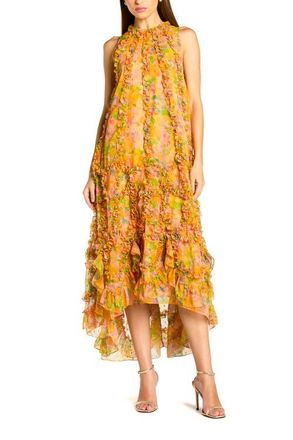 Mac Duggal Floral Ruffle High Neck Chiffon Midi Dress in Mango Multi at Nordstrom, Size 12