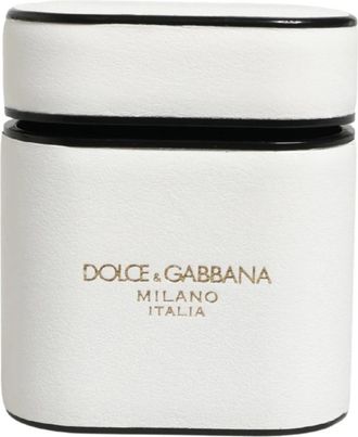 Dolce & Gabbana Phone Accessories, female, White, Size: ONE SIZE Calf Leather Logo Print Flip Holder AirPods Case