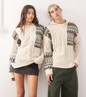 Collusion Unisex - Felpa con cappuccio in maglia lavorata a trecce con design combinato e motivo Fair Isle-Multicolore